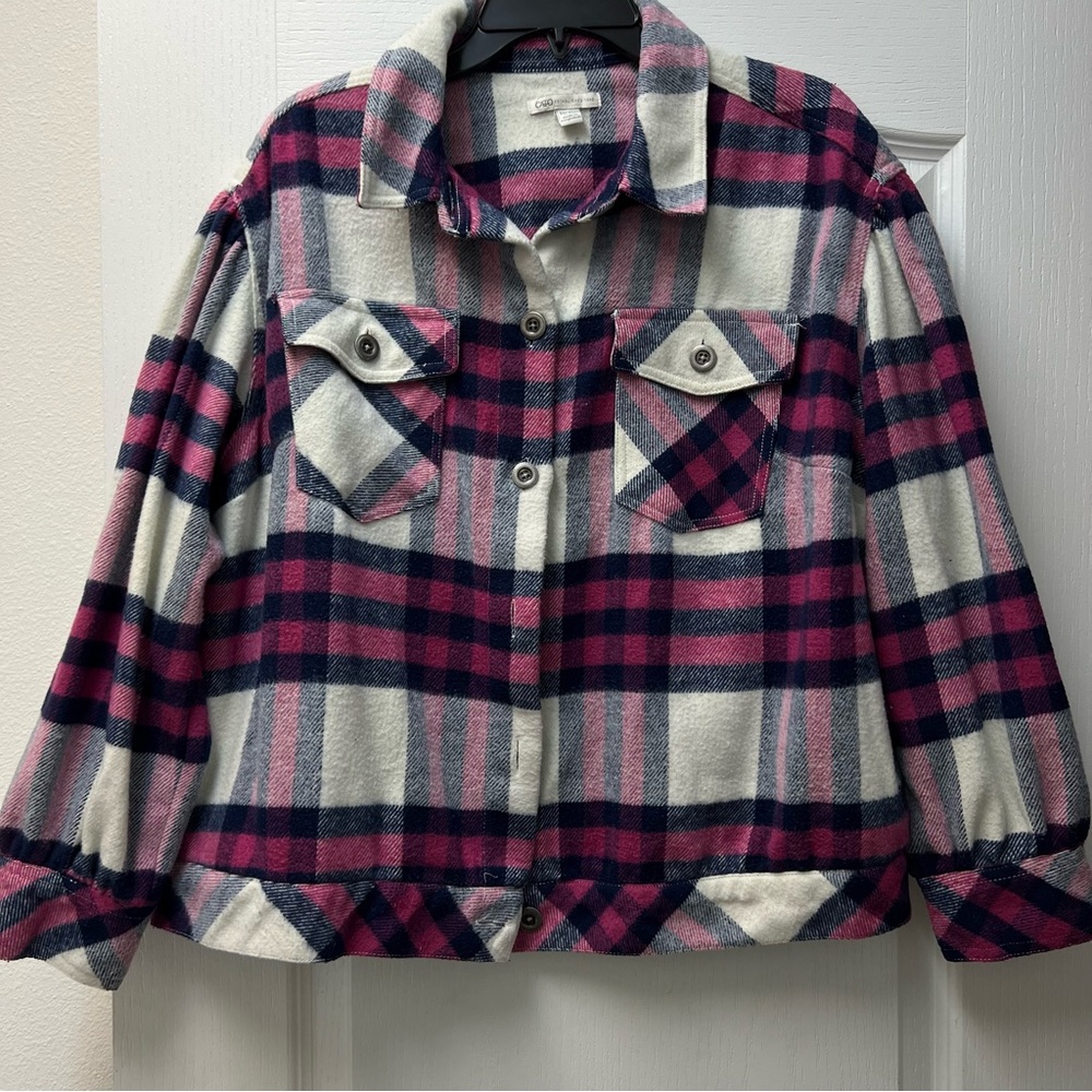 Cato Vintage Flannel Front Button Plaid Shacket Jacket Sz 14/16 or XL